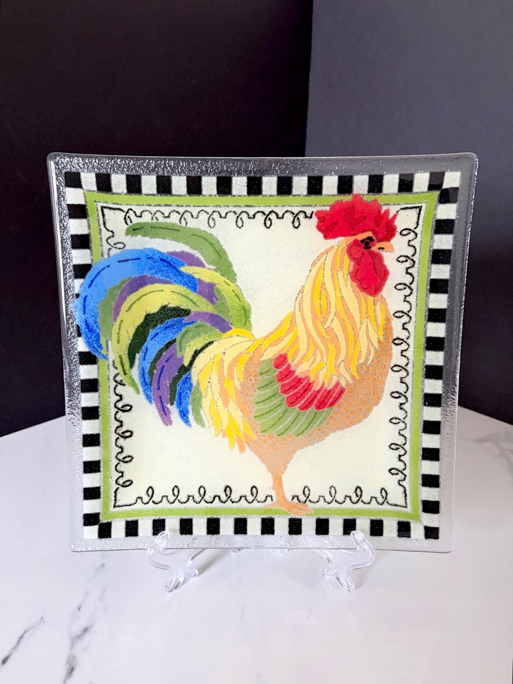Square Rooster Plate with Black & White Checked Pattern by Peggy Karr